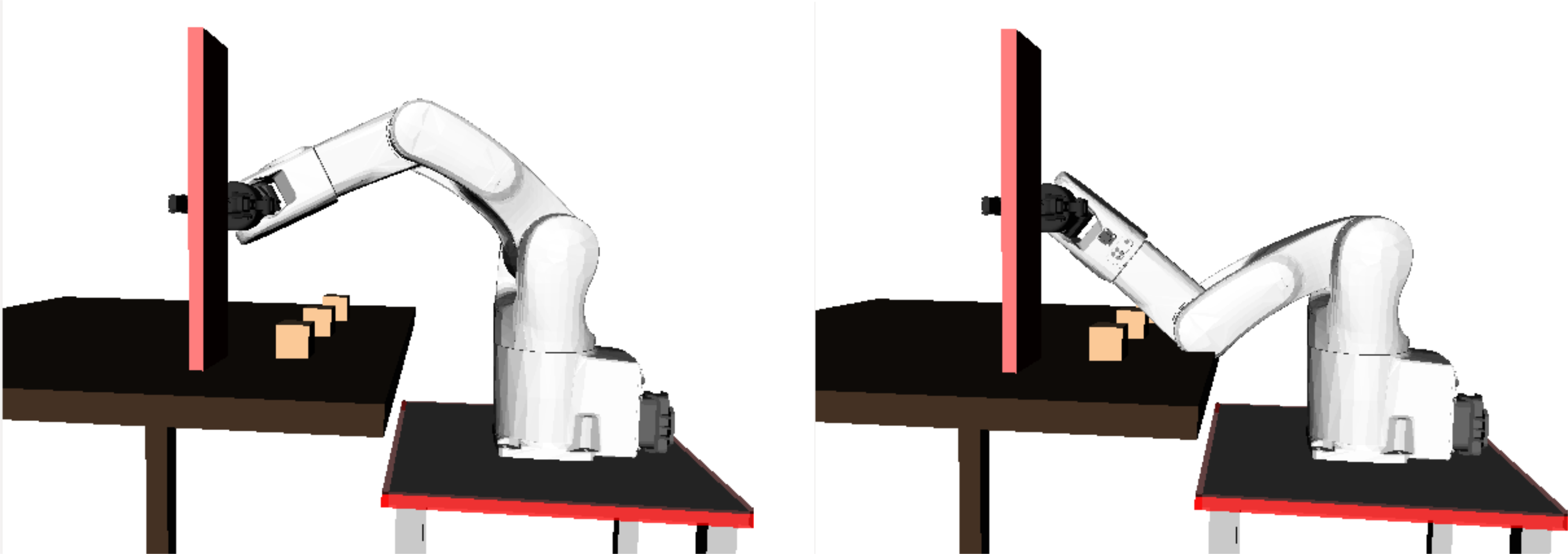 Two IK solutions returned by IKFast. Left: IK solution number 1. Right : IK solution number 0. Note that IK solution number 0 involves a collision of the elbow with the table.